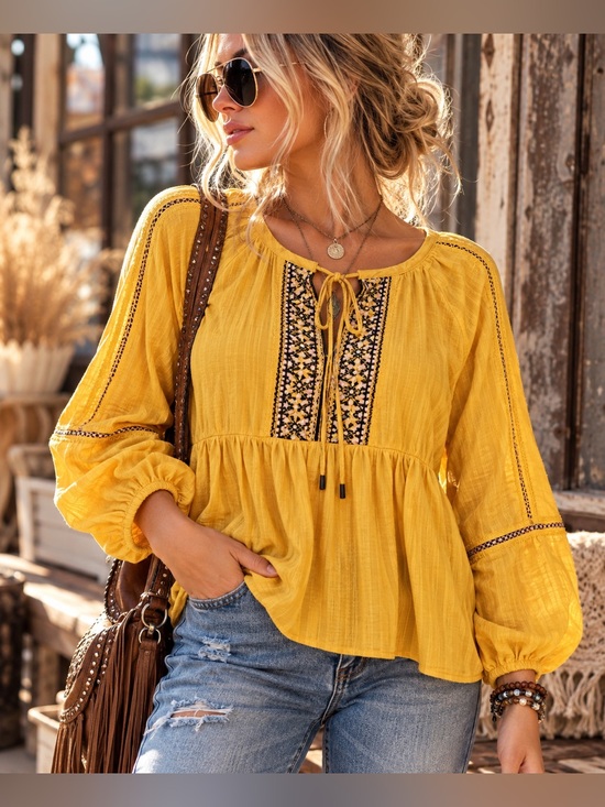 Chelsea & Theodore Tops - Chelsea & Theodore Mustard Embroidered Boho Peasant Blouse S
